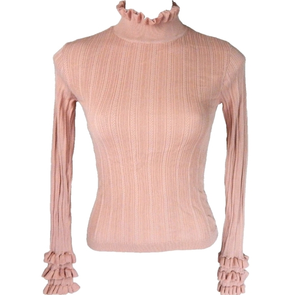 Zara Pointelle Ruffle Trim Mock Neck Sweater Top - Picture 2 of 4